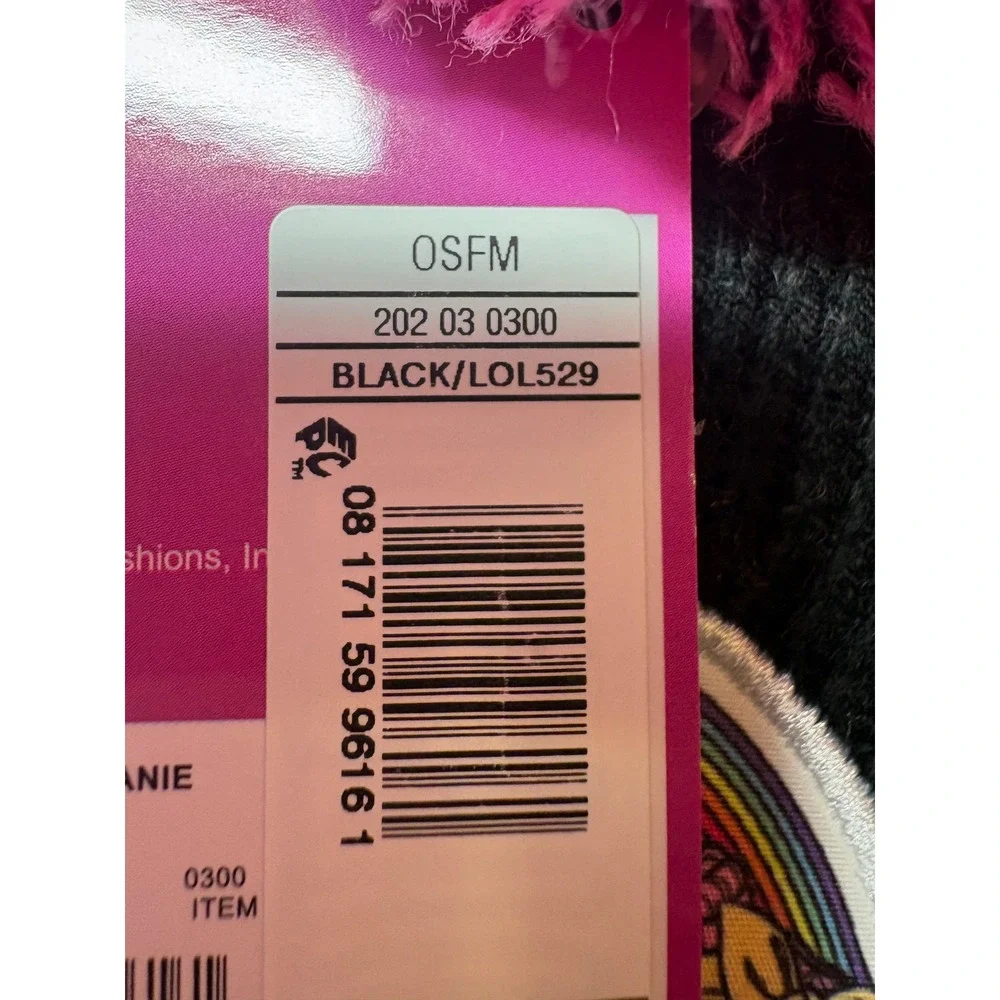 LOL Surprise Girls Beanie Hat Black Multi Color Striped Pom Pom OSFM NEW